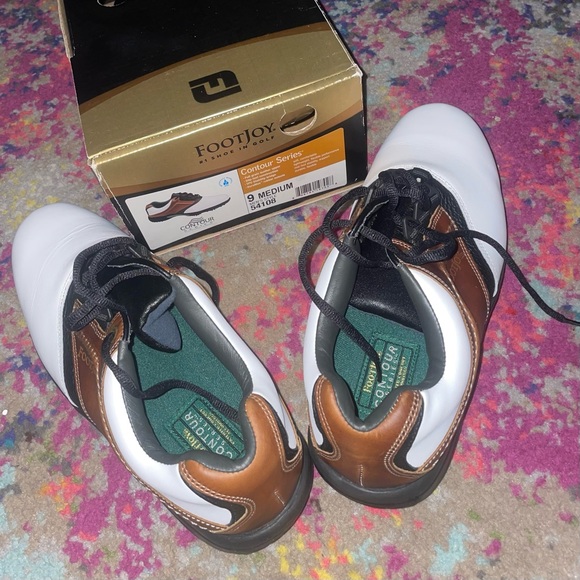 FootJoy Contour Series Golf Shoes White/Brown With Spikes Men’s Size 9 - Picture 3 of 5